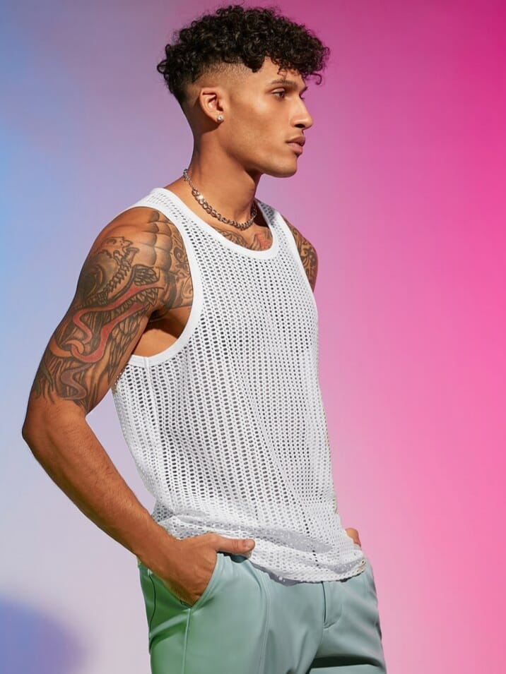 Men's Solid Hollow Out Rave Outfit Tank-Top